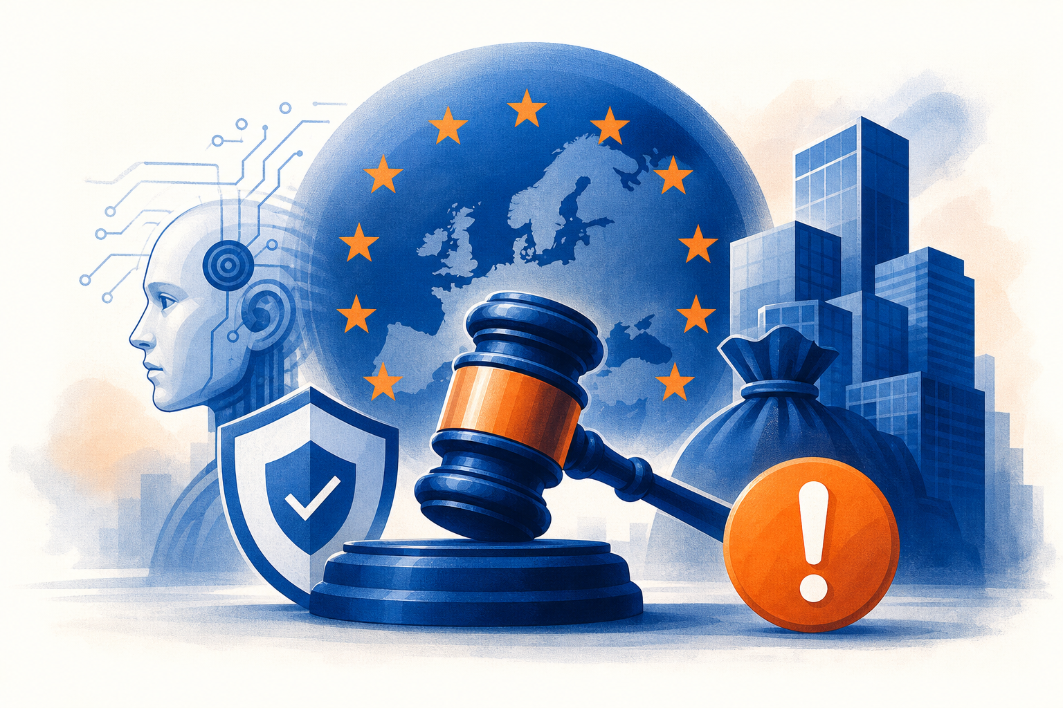 Illustration de une : L'Europe bascule dans l'ère de la régulation IA punitive : amendes à 7% du chiffre d'affaires