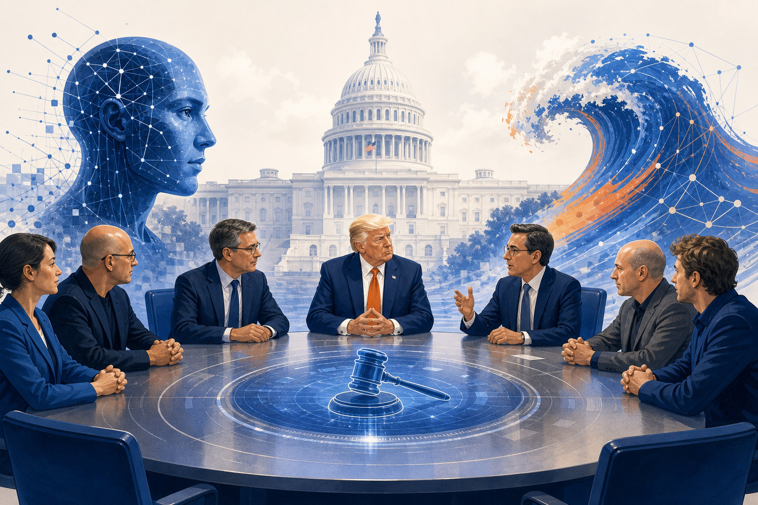 Illustration de une : Washington Convoque les Géants de l'IA : Vers une Régulation Éclairée Face à la Vague GPT-6 Cyber et Gemini 4