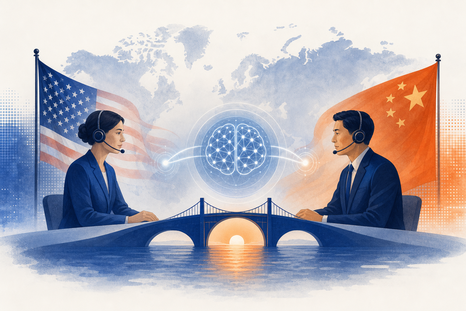 Illustration de une : Washington et Pékin unissent leurs voix : un canal de communication dédié aux incidents IA pour désamorcer les risques