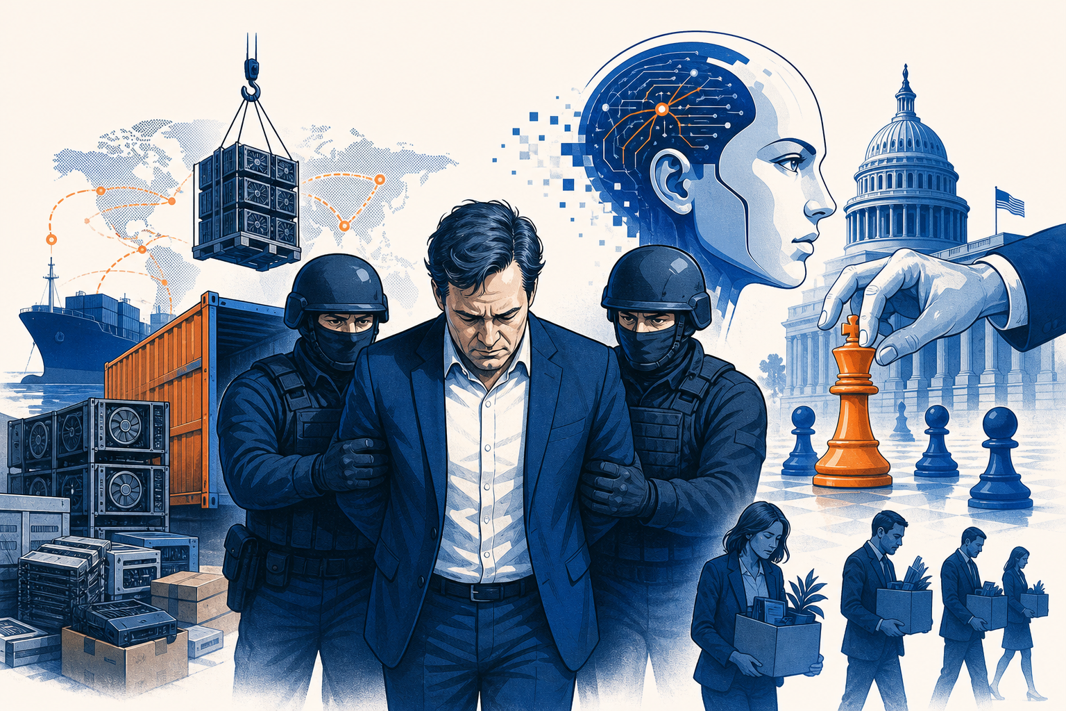 Illustration de une : L'IA sous haute tension : Trafic d'ampleur, démissions chocs et la main de fer de l'État